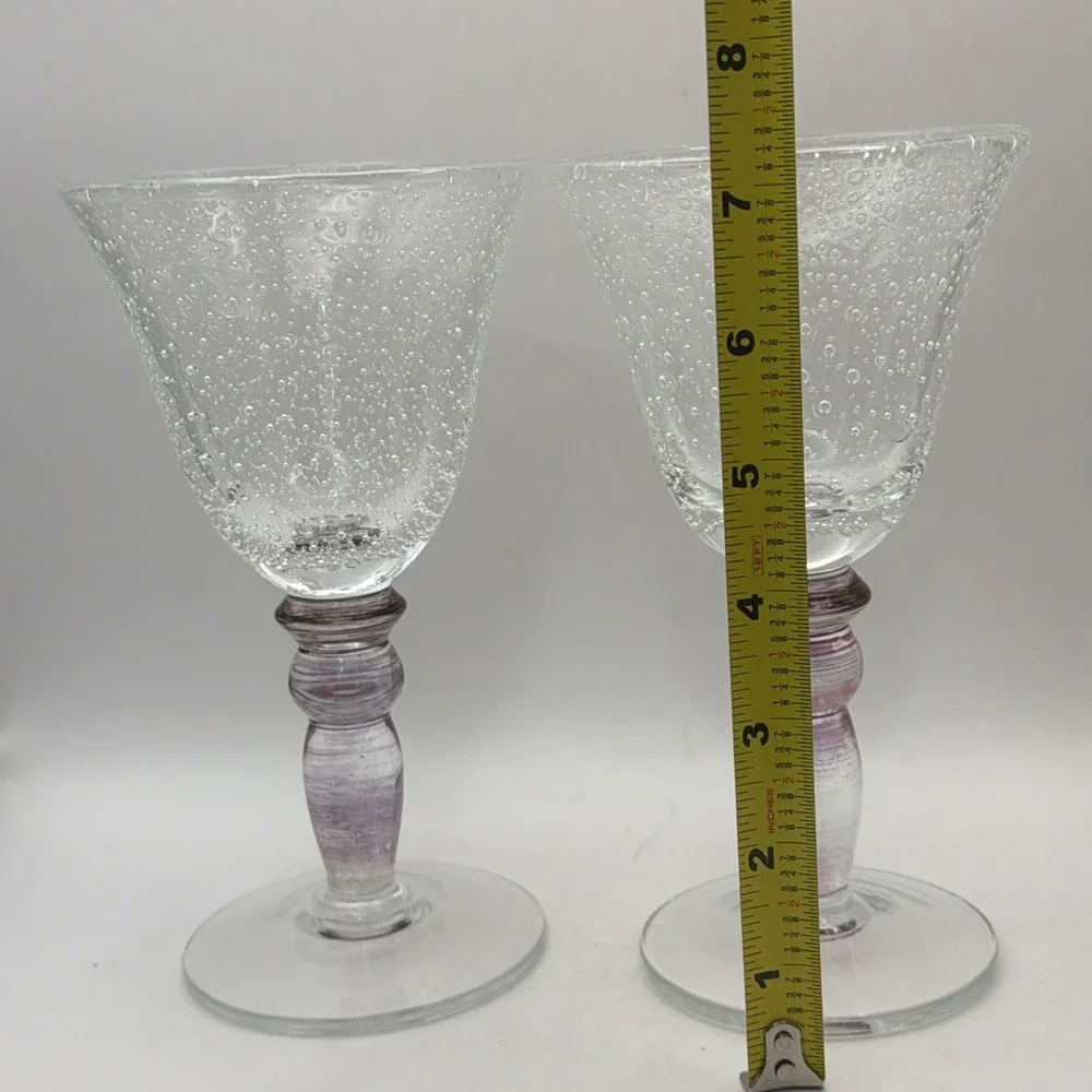 2 Wine Goblets Pottery Barn Hand Blown Bubble Glass Pink Iridescent 7.25